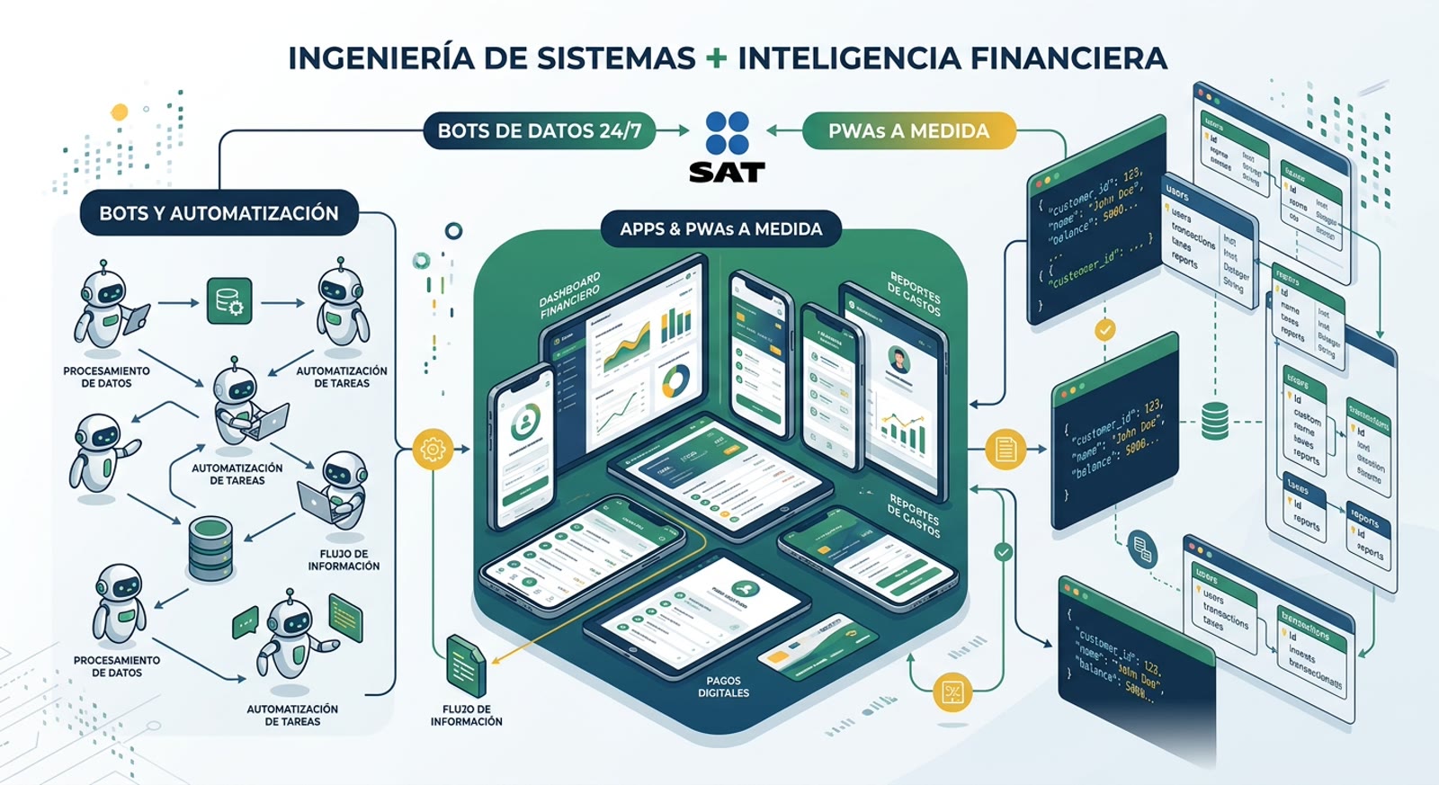 Diagrama del ecosistema técnico EGREGIO: bots, PWAs, SAT y esquemas de datos abiertos interconectados